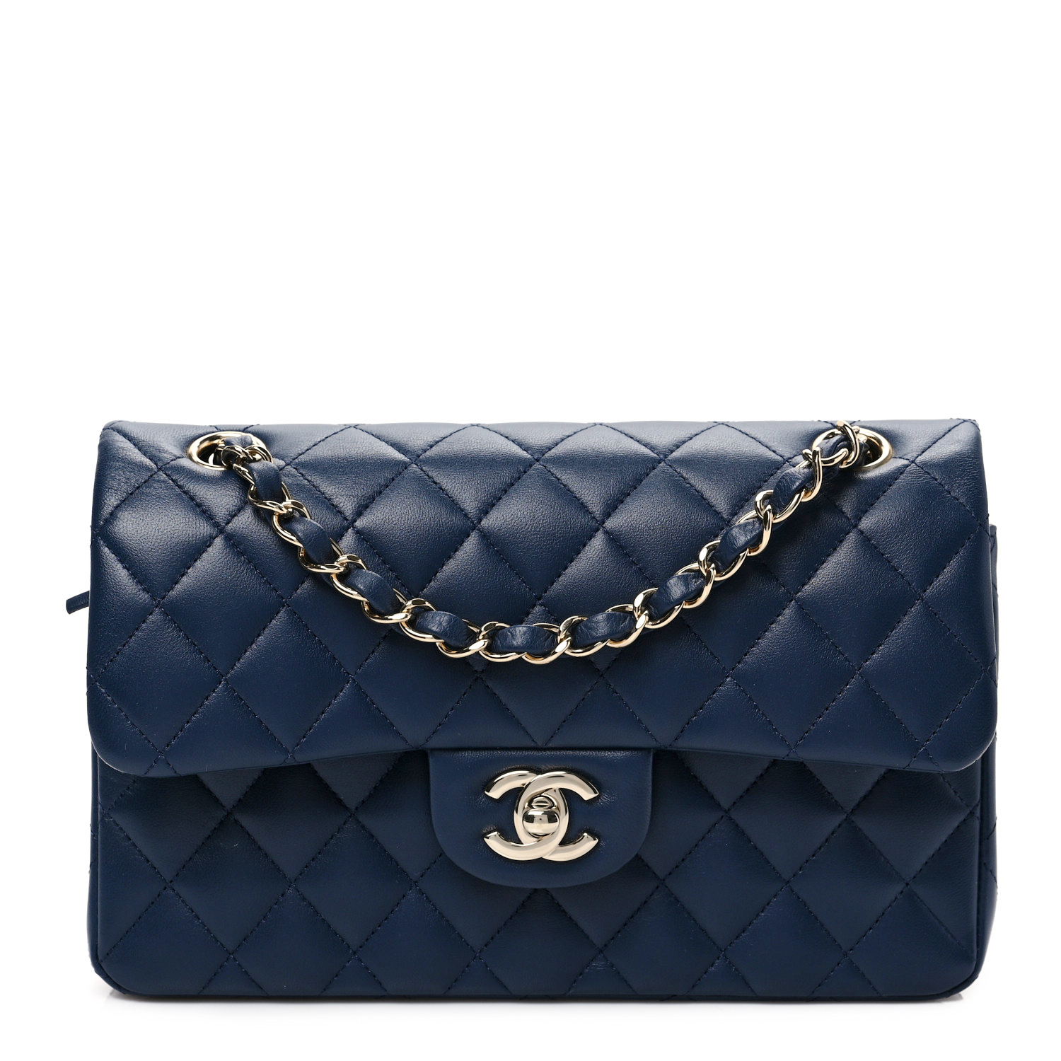 Lambskin Quilted Small Double Flap Dark Blue - LuxuryEva