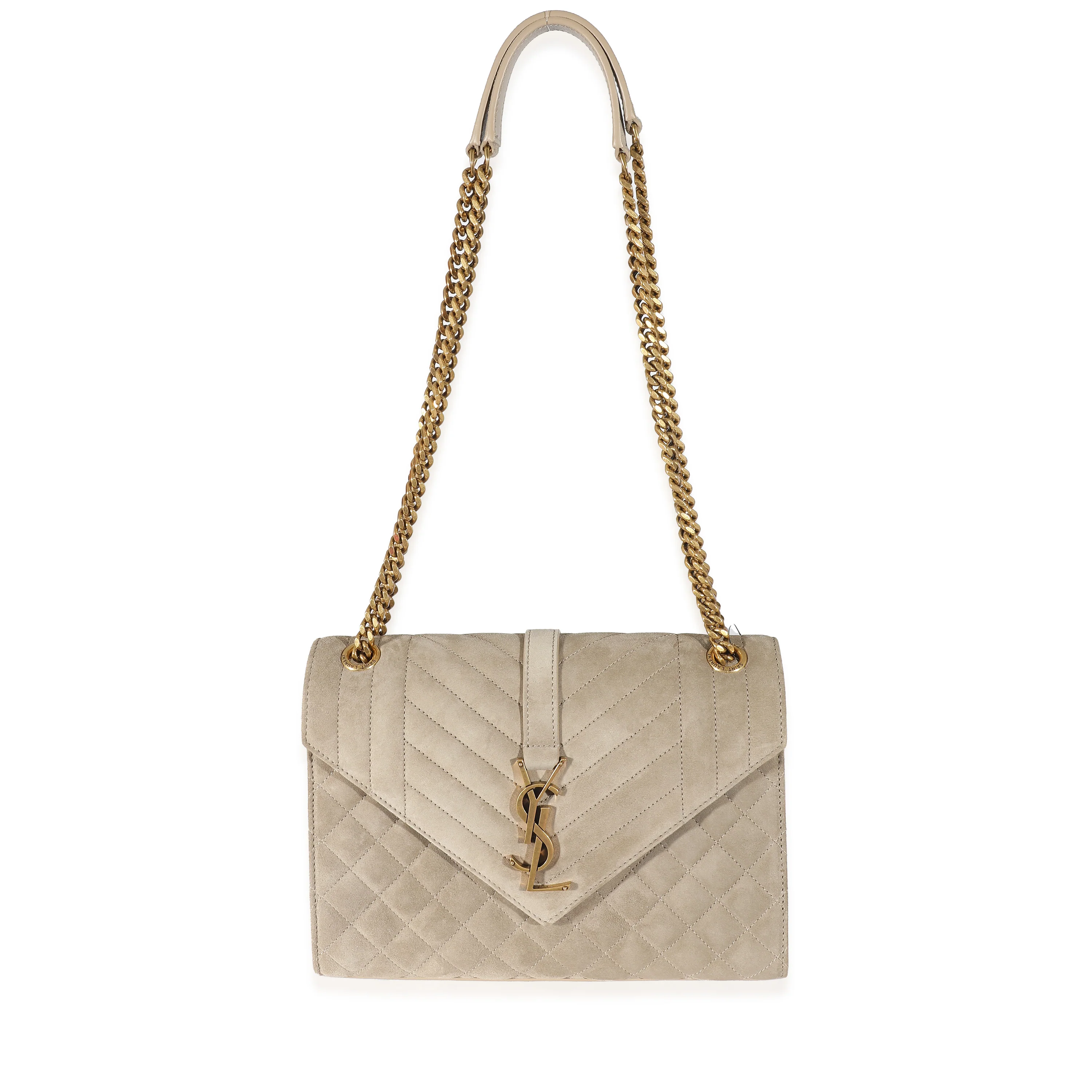 Saint Laurent Beige Suede Mixed Matelasse Triquilt Medium Monogram Envelope Satc - LuxuryEva
