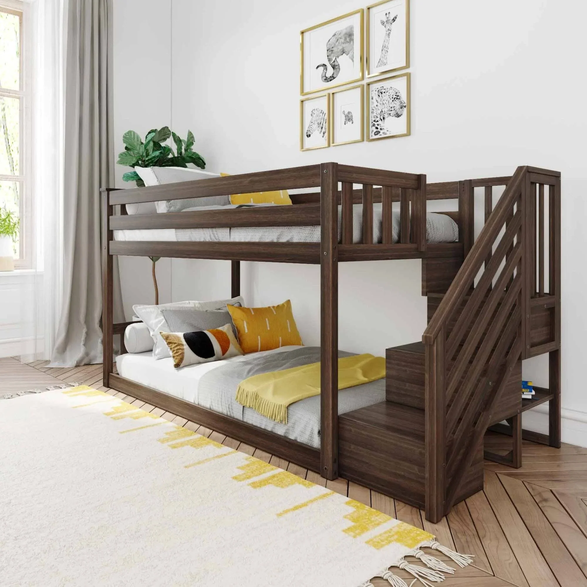 Max and Lily Twin Over Twin Low Bunk Bed with Staircase - Pecan - Dvvgowev