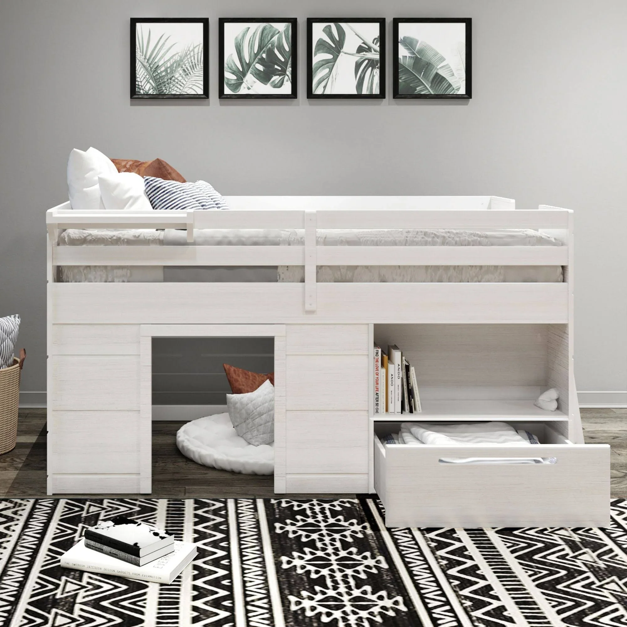 Max & Lily Modern Farmhouse Low Loft Bed, Twin Bed Frame for Kids with 1 Drawer, White Wash - Dvvgowev