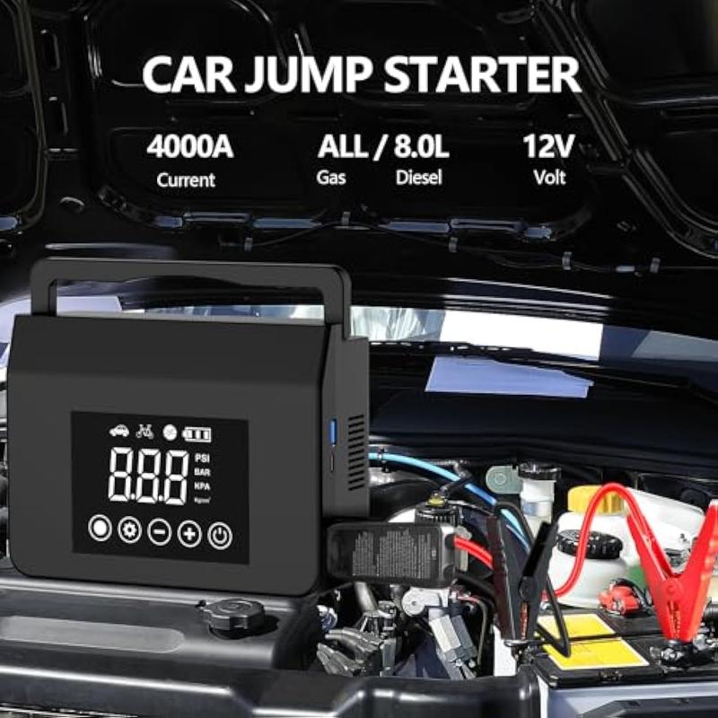 【Hieha】Portable Car Jump Starter, 4000A Car Battery Jump Starter with 150PSI Tire Inflator, 12V Car Battery Jump Starter, 15000mAh Power Bank, with LED Light - Dvvgowev