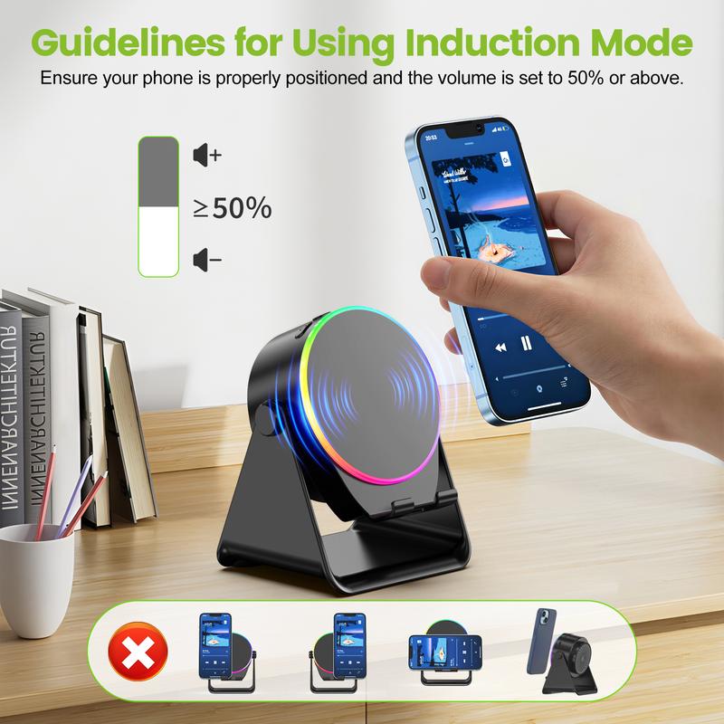 【HolidayHaul】Dohelly 5 IN 1 Wireless Induction Audio Bluetooth Speaker, 360° Rotation Stand with LED, Universal Speaker Stands for Surround Sound&Charger,Portable Desktop Stand Gift  for Home, Shower, Outdoors, Travel. - Dvvgowev