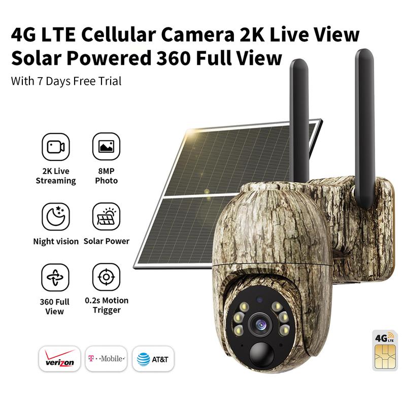 [TikTokShopBlackFriday] 4G LTE Cellular Solar Surveillance Camouflage Security Camera – 2K HD Video 360° View,No WiFi, Remote APP Controlled,WaterProof,MotionActivated, NightVision, 4GDataCardIncluded (Data refill is required for Unlimited 4G data us - Dvvgowev