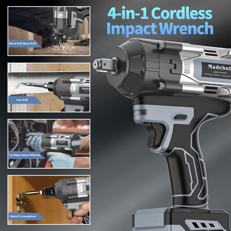 1000N.m Cordless Impact Wrench, All-Metal Cordless Impact Gun with 2 * 4.0Mah, 3-IN-1 Electric Impact Wrench with 5 Sleeves, High Torque 1/2 Impact Wrench, - Dvvgowev