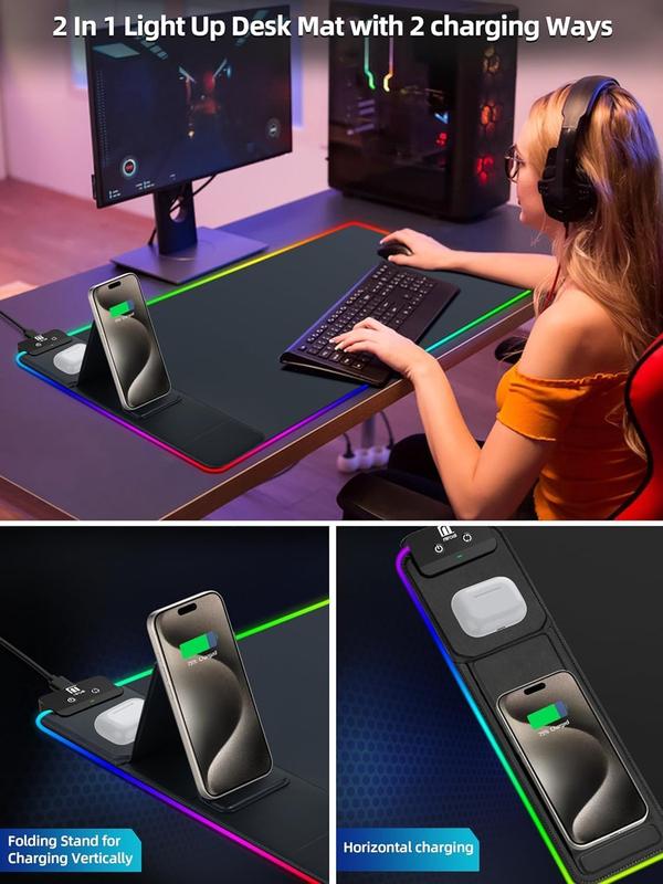 【Christmas】XXL Gaming Mouse Pad with Magnetic Wireless Charging, RGB Black Mousepad Desk Mat with 15W Fast Charger, Waterproof Laptop Writing for Office, Home, Gaming Desktop Accessory - Dvvgowev