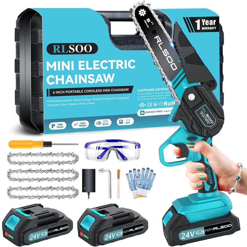 Mini Chainsaw 6 Inch, RLSOO Cordless Power Chain Saws with 2 Batteries and 2 Chains, Portable One-Hand Use Electric Chainsaw with Safety Lock, Handheld Chainsaw for Wood Cutting Tree Trimming - Dvvgowev