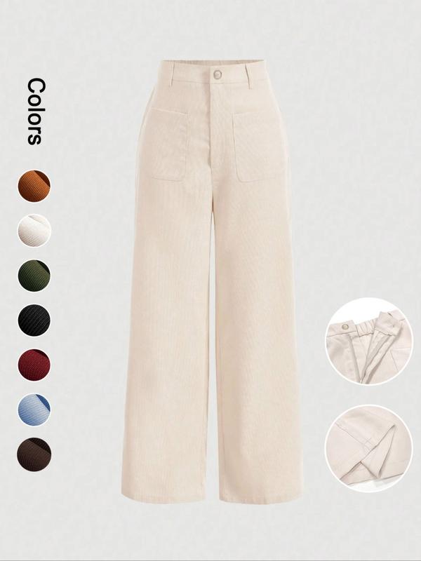 Women's Plain Pocket Button Front Wide Leg Pants, Casual High Waist Trousers for Daily Wear, Ladies Bottoms for All Seasons, Baggy Pants - Dvvgowev