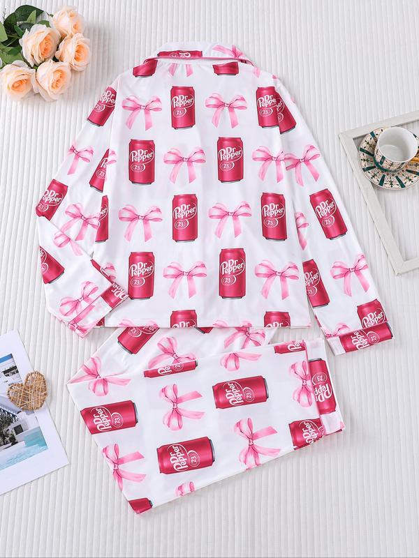 Women's Fall Winter Long Sleeve Sleepwear Set, Casual Soda Print Soft Fabric PJ Set, Comfortable Lapel Top & Wide Leg Pants - Dvvgowev