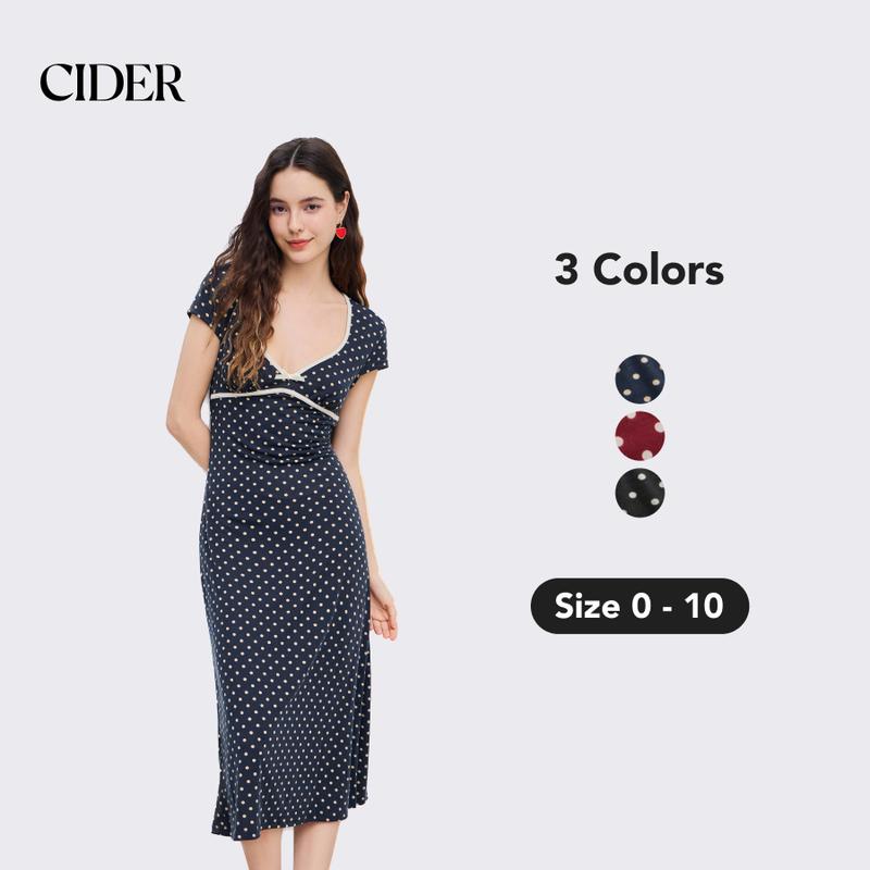 Cider Knit V-neck Spot Bowknot Midi Dress, Women's Polka Dot Print Summer Dress, Cute Dress for Casualoutfits - Dvvgowev