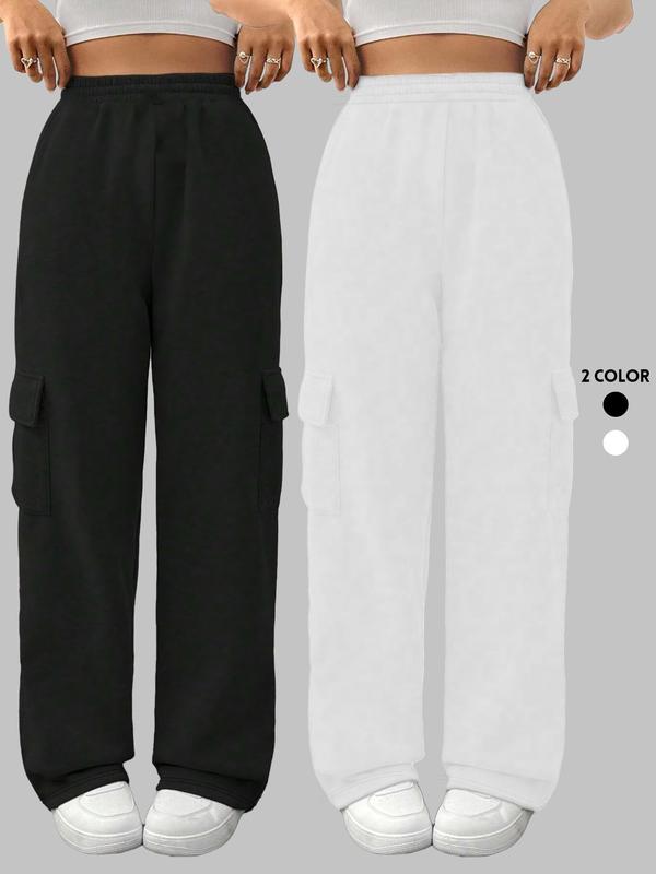 Women's Solid Flap Pocket High Waist Straight Leg Pants, Casual Elastic Waist Pocket Trousers for Daily Wear, Ladies Bottoms for Summer - Dvvgowev