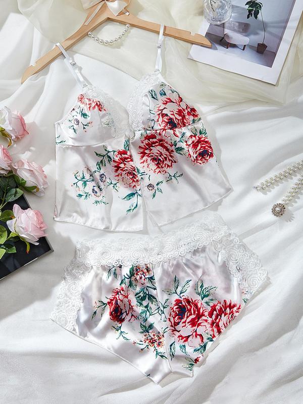 Two-piece Set Women's Floral Print Contrast Lace Pajama Set, Regular Fit Elegance Sexy Style Backless Camisole Top & Split Thigh Shorts, Lady Lounge Co-ord Set for Summer, Casual Womenswear, Sleep Sets - Dvvgowev