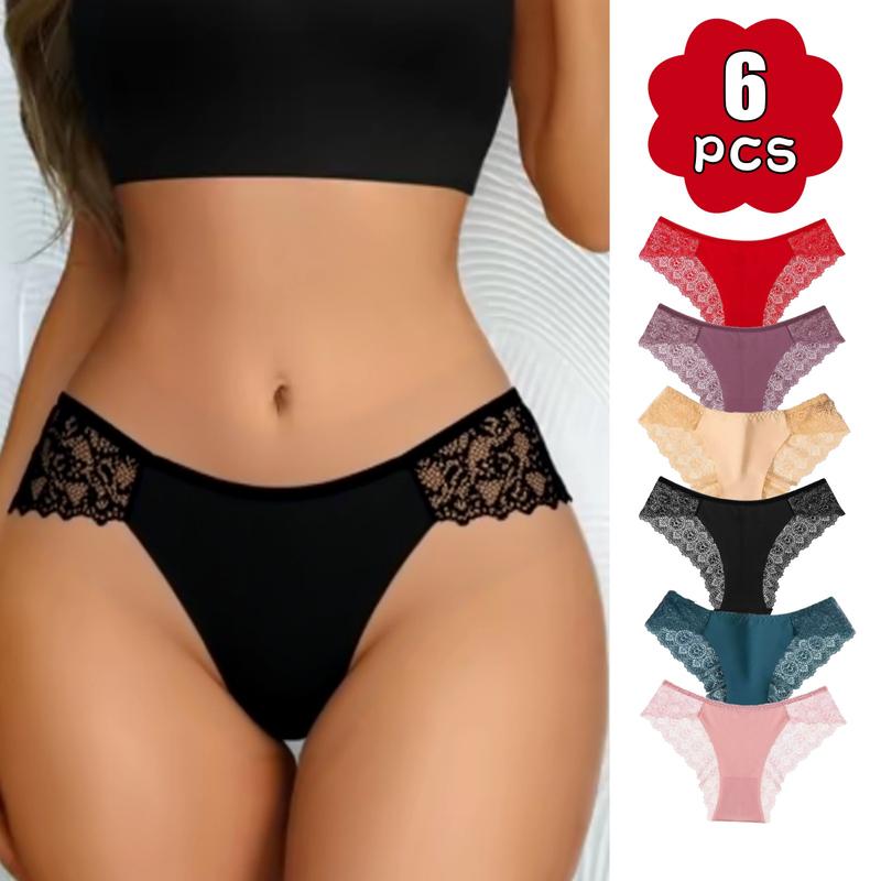 SeamlessLace Women's 6 PCS Contrast Lace Panty Set Assorted Colors Basic Minimalist Cotton Bikini Briefs Comfortable Everyday Lingerie Elegance Pieces Suit Style Elegant Underwear Thongs Period Underwear Womenswear Chic Cute - Dvvgowev