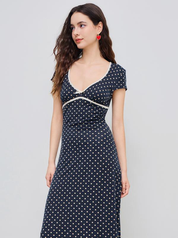Cider Knit V-neck Spot Bowknot Midi Dress, Women's Polka Dot Print Summer Dress, Cute Dress for Casualoutfits - Dvvgowev