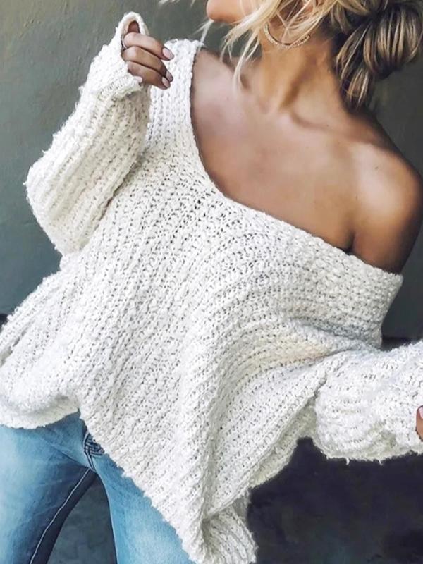 Women's Plain Drop Shoulder V Neck Sweater, Casual Long Sleeve Jumper for Spring & Fall, Fashion Women's Knitwear for Daily Wear - Dvvgowev