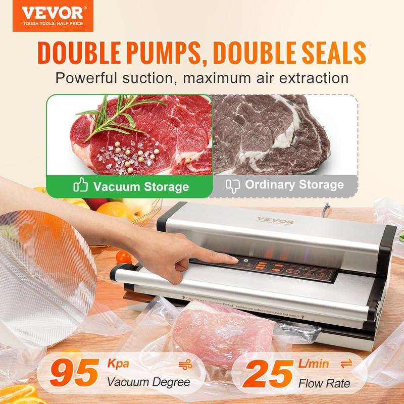 VEVOR Vacuum Sealer Machine, Powerful Dual Pump and Dual Sealing, Dry and Moist Food Storage, Automatic and Manual Air Sealing System with Built-in Cutter, with Seal Bag and External Hose - Dvvgowev