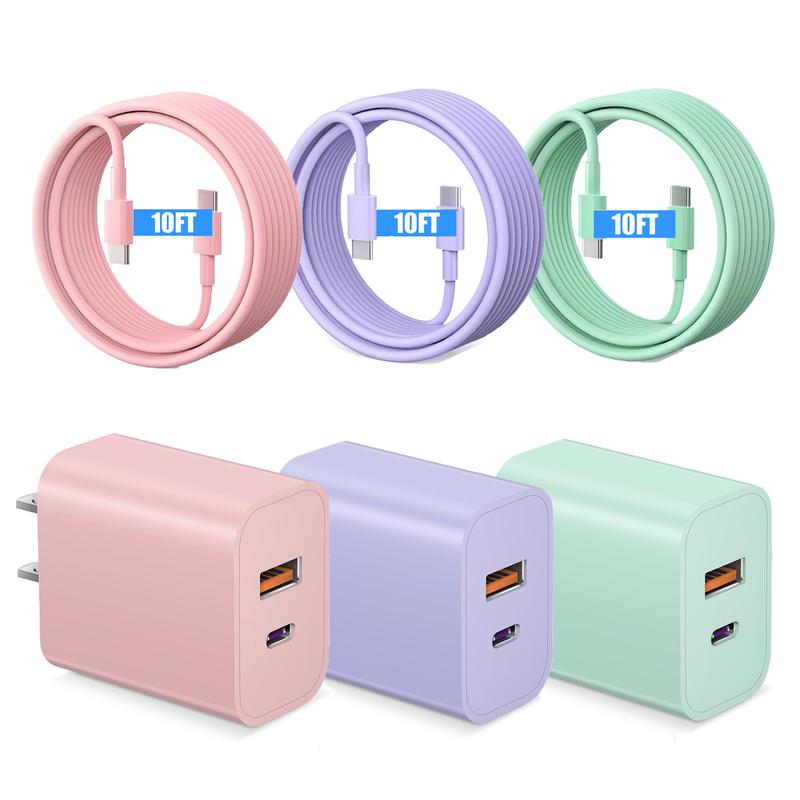 Compatible with iPhone 16/15 Charger Fast Charging, 20W USB C Wall Charger with 3Pack 10FT USB C to C Cable, Type C to Type C Fast Charger Compatible with Phone/Android/Phone/Samsumg/Pad - Dvvgowev