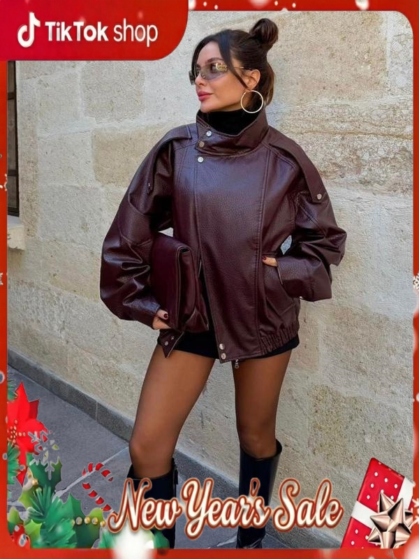 Faux Leather Stand Collar Oversized Moto Jacket, Elastic Hem Streetwear, Casual Long Sleeve Water- and Wind-Resistant Outerwear for Spring & Fall, Ladies Clothes for Daily Wear, Chic Outerwear - Dvvgowev