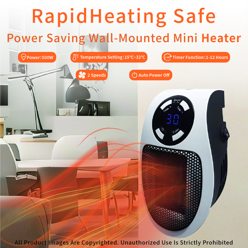 500W RapidHeating Safe & Power Saving Wall-Mounted Mini Heater with Intelligent Temperature Control & PTC Energy-Saving Ceramic Heating for Household & Office Use - Dvvgowev