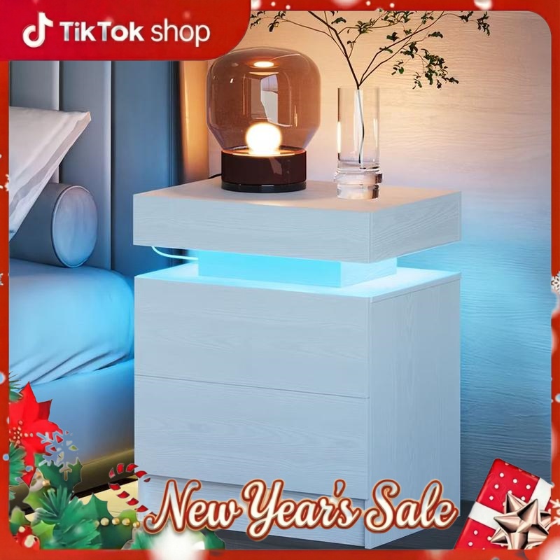 LIKIMIO Night Stand with Charging Station, Modern Nightstand with LED Light and 2 Drawers, Bedside Tables/End Table for Bedroom - Dvvgowev