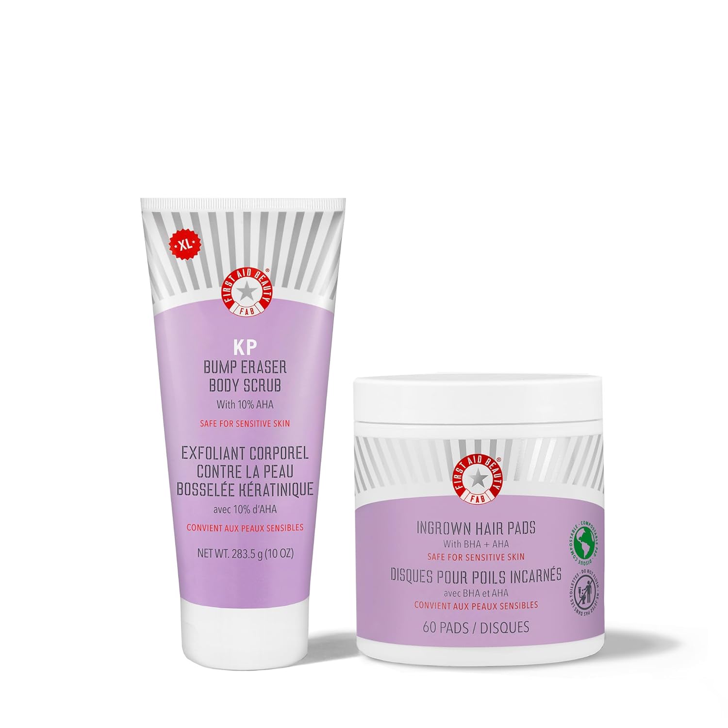 First Aid Beauty - Jumbo Body Duo: KP Bump Eraser Body Scrub & Ingrown Hair Pads with 10% BHA & AHA, Daily Exfoliating Body Scrub, Keratosis Pilaris Treatment to Reduce Bumps (10 oz Scrub, 60 Ct Pads) - Dvvgowev