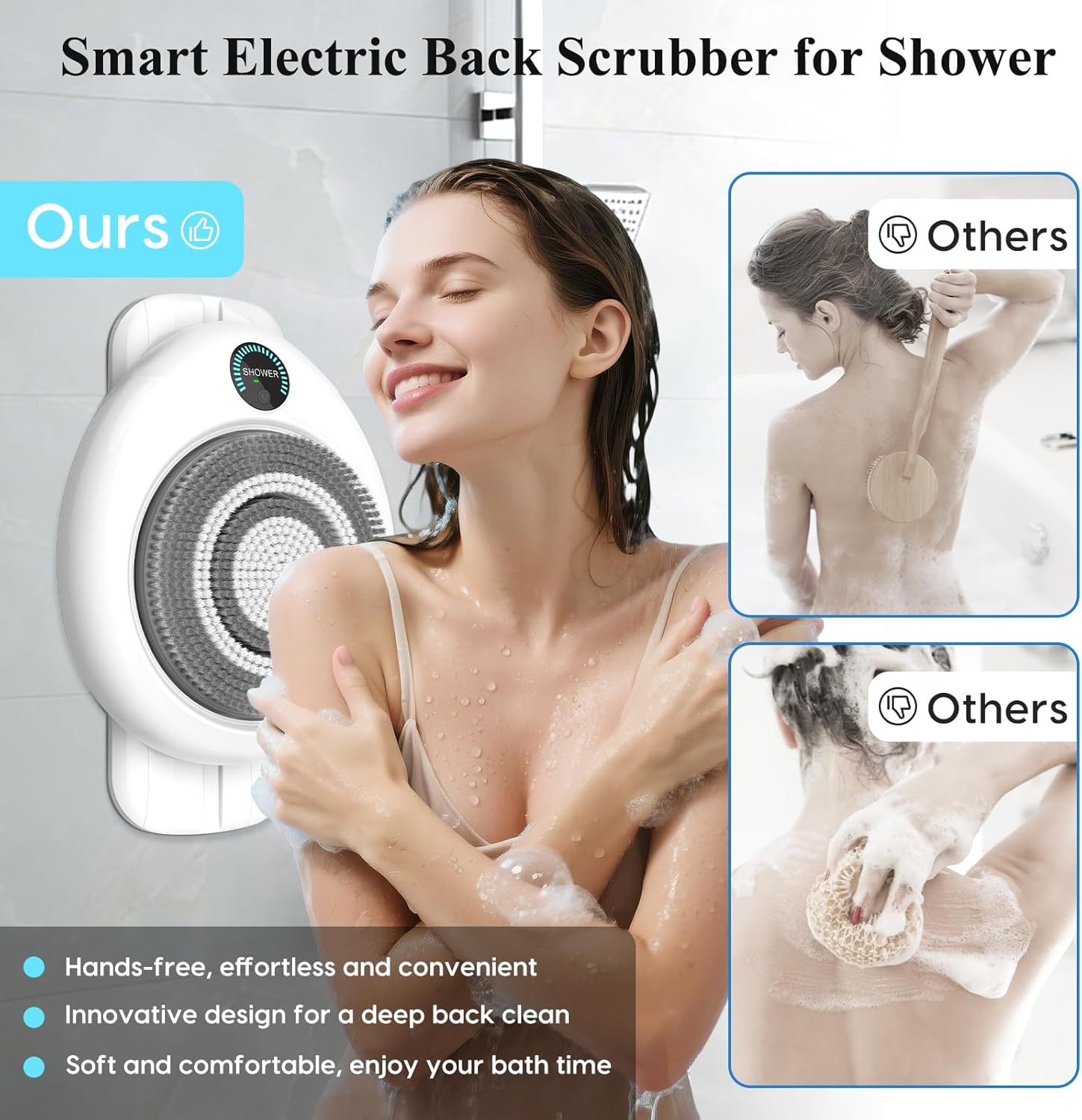 Electric Back Scrubber for Shower - Wall Mounted Exfoliating Brush, Hands-Free Automatic Body Scrubber, IPX7 Waterproof, 3-Speed Adjustment, 3 Replaceable Heads with 50pcs Disposable Shower Caps - Dvvgowev