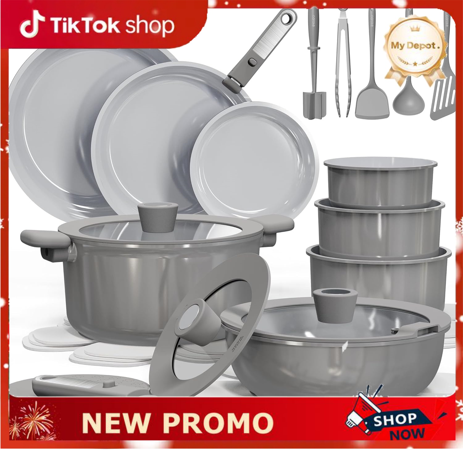 CAROTE 27pcs Ceramic Cookware Set Nonstick, Pots and Pans Set Non Stick, Non Toxic Cookware Detachable Handles, Dishwasher/Oven Safe, RV/Camping Cookware, Pan and Pot with Kitchen Utensils, Dark Gray - Dvvgowev