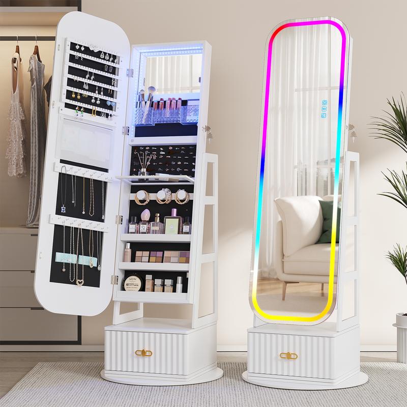 🔥 360° Swivel LED Jewelry Cabinet with Lockable Full-Length Mirror & Storage Organizer - Dvvgowev