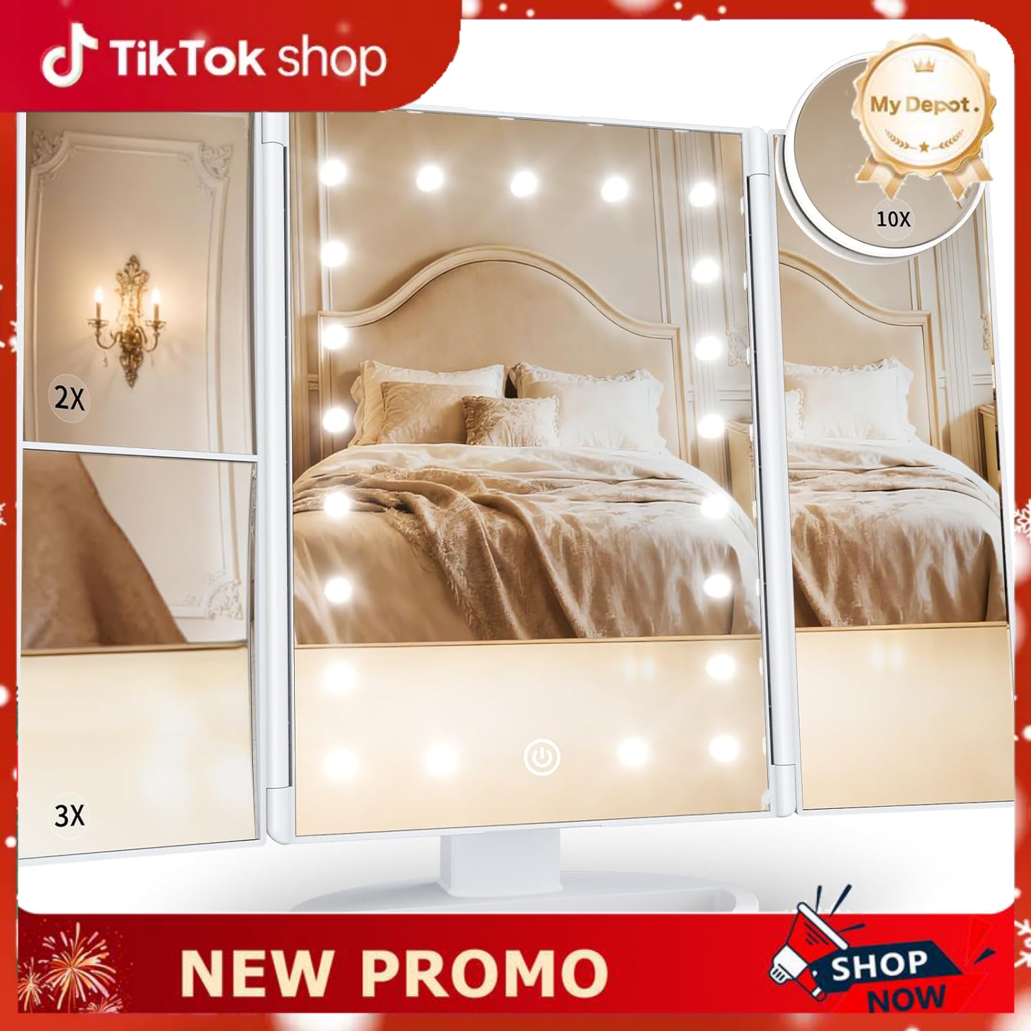 🔥 HUONUL Makeup Mirror Vanity Mirror with Lights, 2X/3X/10X Magnification – LED Lighted Trifold Makeup Mirror with Touch Control & Dual Power Supply - Dvvgowev