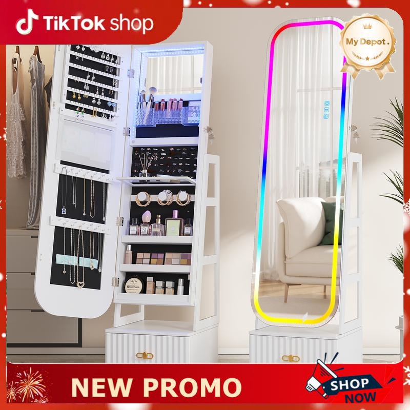 🔥 360° Swivel LED Jewelry Cabinet with Lockable Full-Length Mirror & Storage Organizer - Dvvgowev