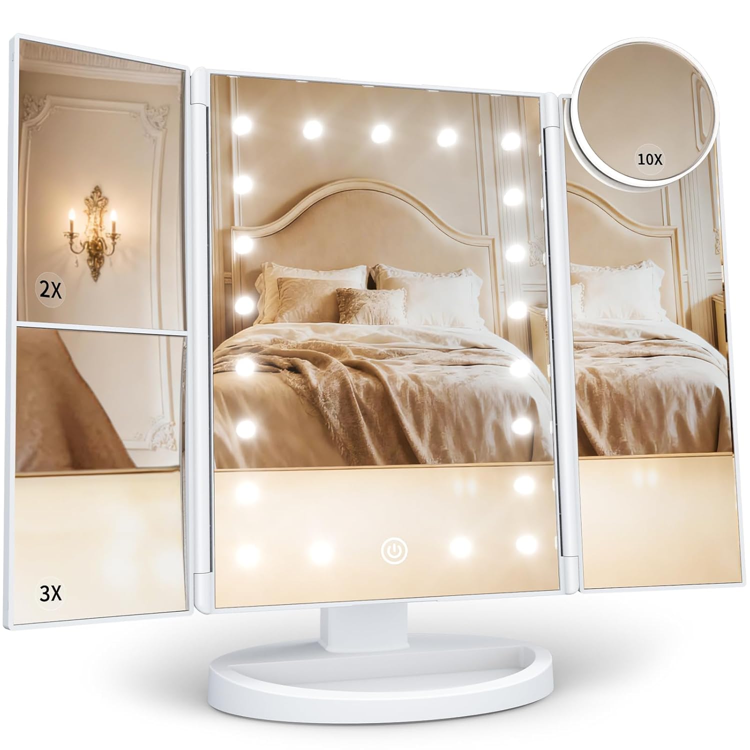 🔥 HUONUL Makeup Mirror Vanity Mirror with Lights, 2X/3X/10X Magnification – LED Lighted Trifold Makeup Mirror with Touch Control & Dual Power Supply - Dvvgowev