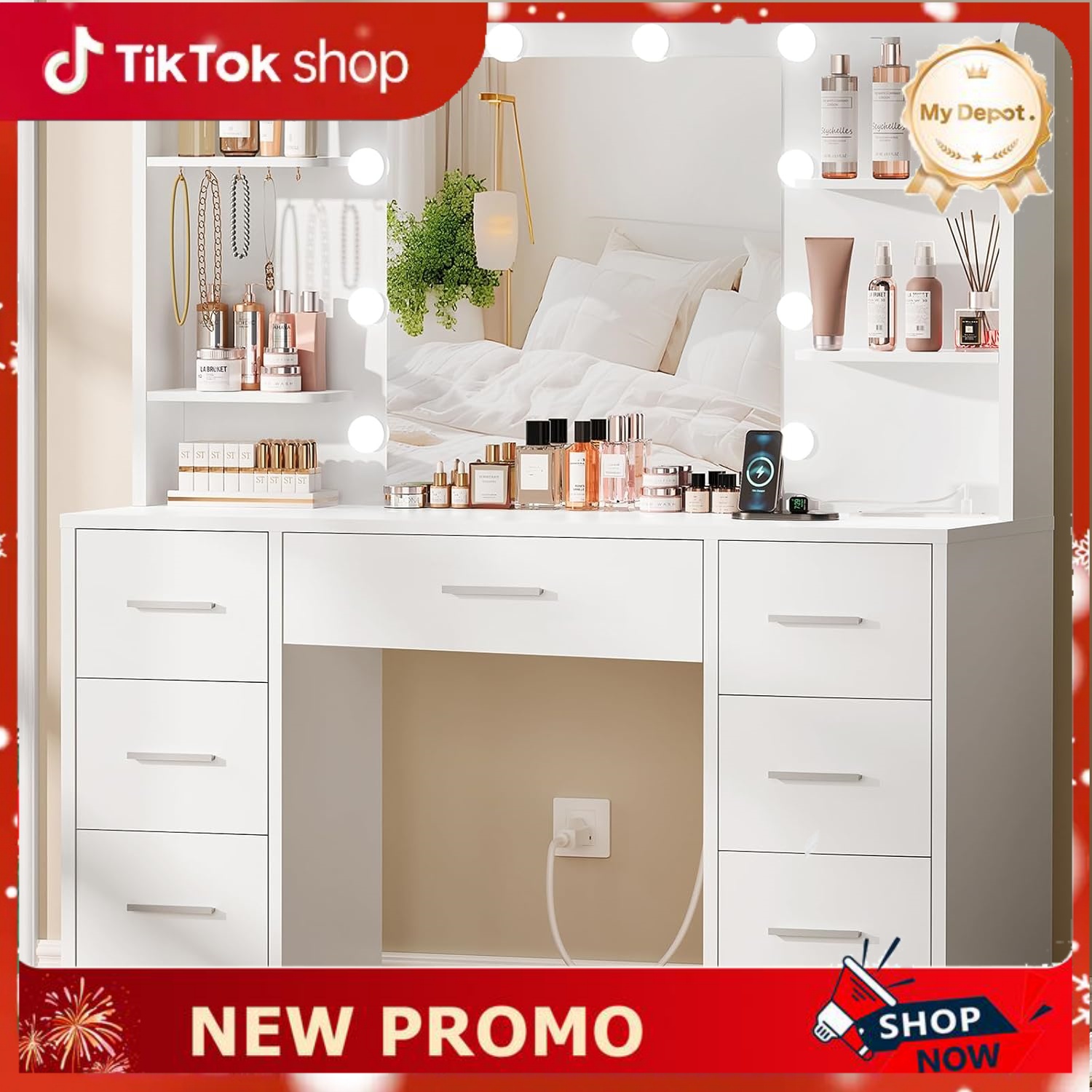 🔥 Quimoo Large Vanity Desk with LED Lighted Mirror & Power Outlet – LED Makeup Vanity with 7 Drawers, Shelves & Power Station - Dvvgowev