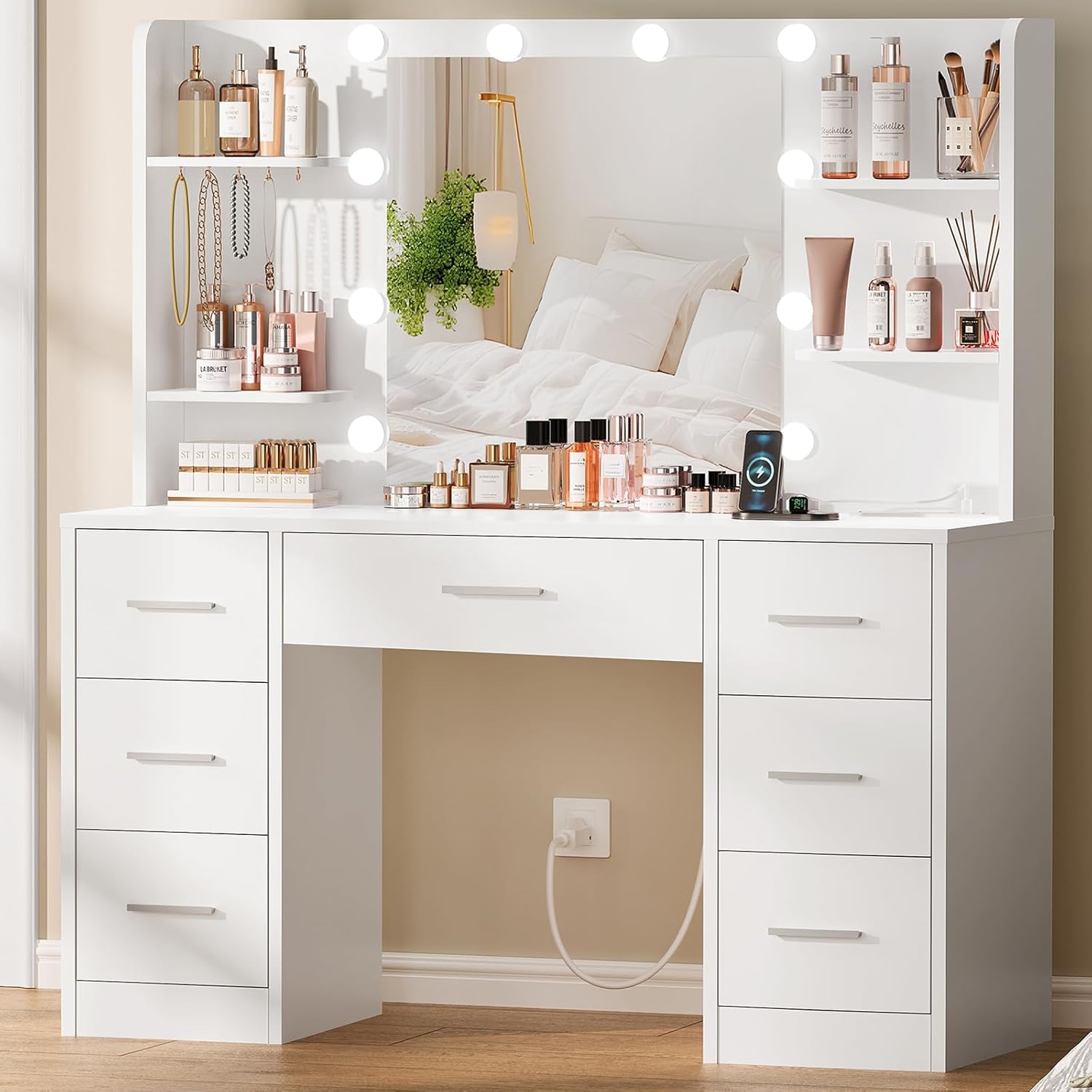 🔥 Quimoo Large Vanity Desk with LED Lighted Mirror & Power Outlet – LED Makeup Vanity with 7 Drawers, Shelves & Power Station - Dvvgowev