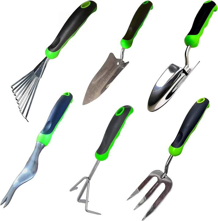 Stainless Steel 6pc Gardening Tool Set (Includes Trowel, Transplanter, Rake, Weeder, Cultivator, Fork)